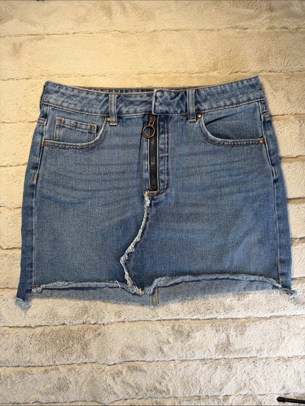 Pacsun Distressed Denim Blue Mini Skirt With O Ring Zipper, 26 (Jean size)